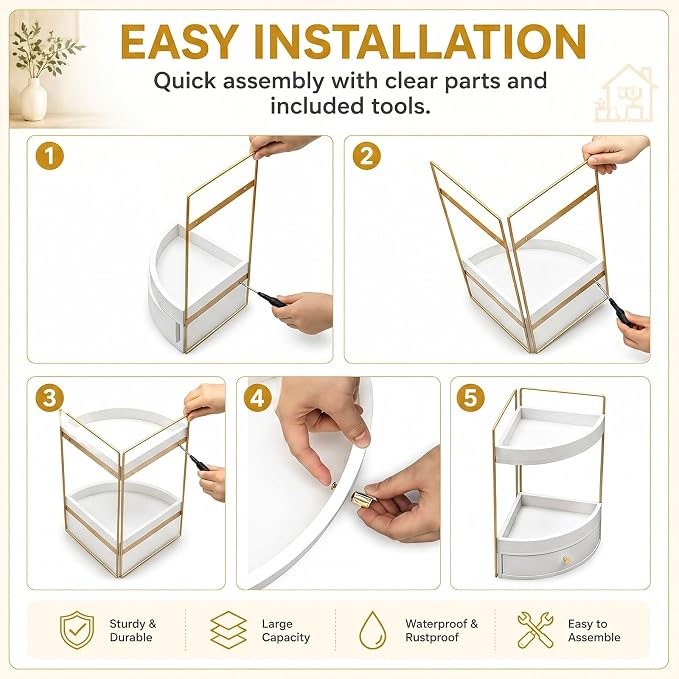 AceOrbit 2-Tier Corner Bathroom Counter Organizer with Drawer, Wood Vanity Countertop Shelf for Skincare, Makeup, Perfume and Toiletry Storage, Space-Saving Bathroom Sink Organizer, White and Gold