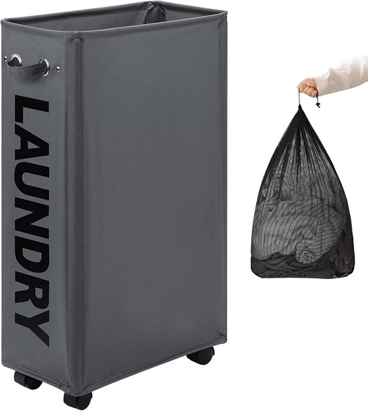 DOKEHOM 29" Enlarged Slim Rolling Laundry Basket Hamper on Wheels, Grey | Collapsible tall laundry hamper with removable mesh wash bag. Foldable narrow corner clothes storage bin for small spaces