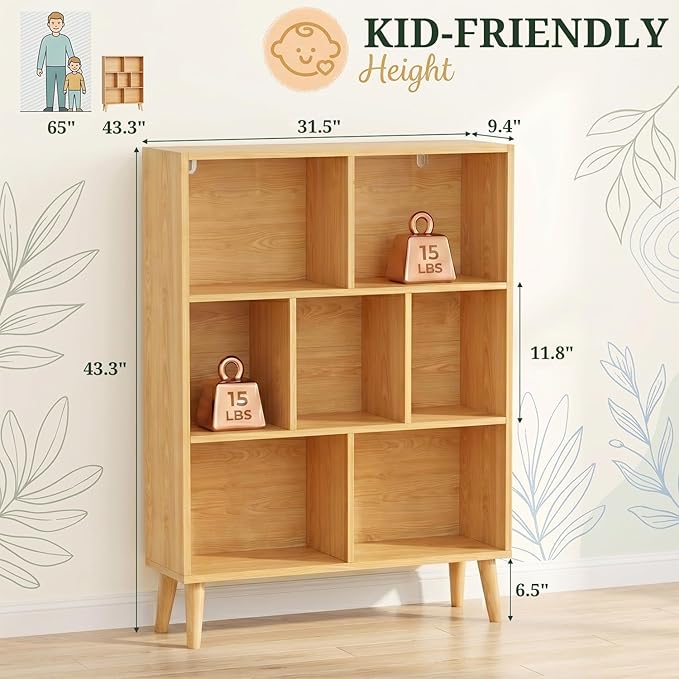 7 Cube Storage Organizer Shelf，Open Cube Bookshelf with Legs | 3 Tier, Mid-Century, Heavy Duty, Modern Bookcase, Display Shelf, Living Room, Bedroom, Office, Deep Natural