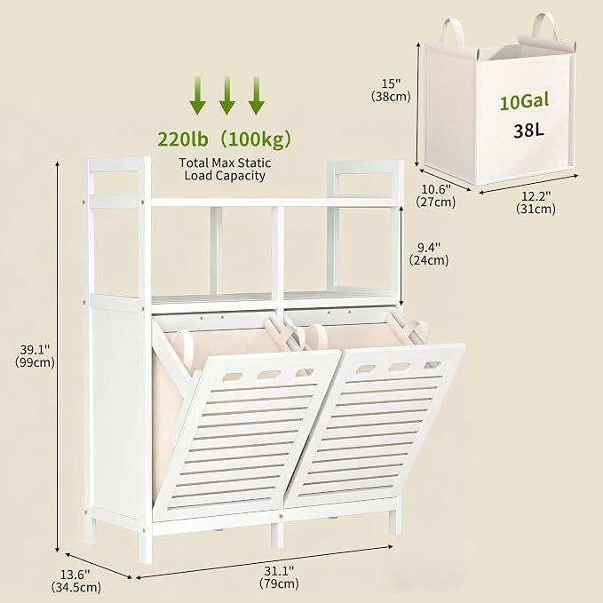 VASMIA Tilt Out Laundry Hamper Cabinet, Bamboo Double Laundry Hamper with 2 Removable Laundry Baskets, 20 Gal Laundry Sorter Organizer with Shelf for Dirty Clothes, Bathroom, Laundry Room, White