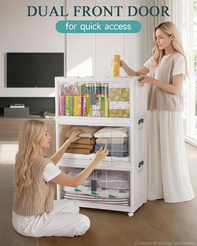 OlarHike 97QT Stackable Lockable Storage Bins with Lids - Folding Cabinet with Doors & Wheels, Collapsible Plastic Drawers for Closets and Organization, Garage, Shelves, College, School, 3 Pack Cubes
