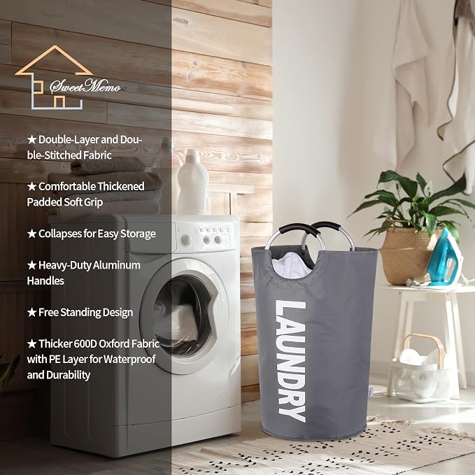 Extra Large Laundry Basket, Big Laundry Hamper Bag, Handles, 130L Dark Grey | Freestanding Tall Dirty Clothes Hamper, Collapsible and Portable Laundry Bin for Dorms and Bedrooms, Thick, Sturdy Fabric