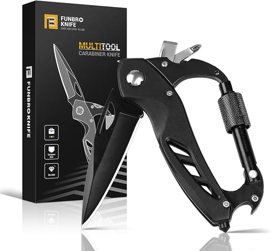 FUNBRO Multitool Carabiner with Pocket Knife, Bottle Opener | Stocking Stuffers Gifts for Men, EDC Carabiners with Folding Knives, Window Breaker and Screwdriver, Gear for Camping Hiking