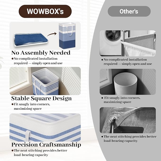 WOWBOX 2 Pack Laundry Baskets, Laundry Hampers, Freestanding Dirty Clothes Hampers with Reinforced Handles & Cross Stitch & Waterproof Coating, for Laundry Bedroom Bathroom Dorm,88L Blue
