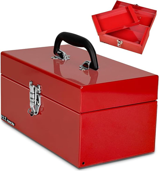 P.I.T. 12 Inch Tool Box,Portable Small Steel ToolBox with Metal Latch Closure for Household, Warehouse,Tools Storage,Red