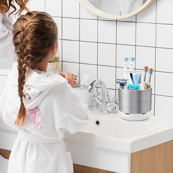 GFWARE Silver Toothbrush Holders for Bathrooms Countertop Organizer - Kids Electric Toothbrush and Toothpaste Holder Rotating Tooth Brush Organization Bathroom Sink Accessories Storage Caddy