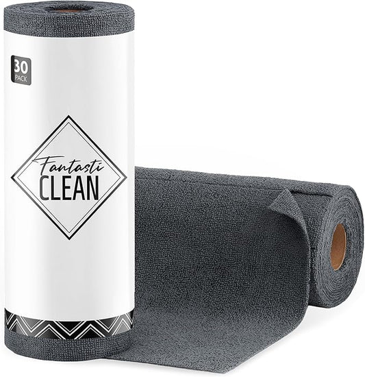 Fantasticlean Microfiber Cleaning Cloth Roll-30 Sheets, 12" x 12" (Dimgrey) | Super Absorbent, Lint-free, Tear-away Microfiber Towel Roll, for All-Purpose Cleaning