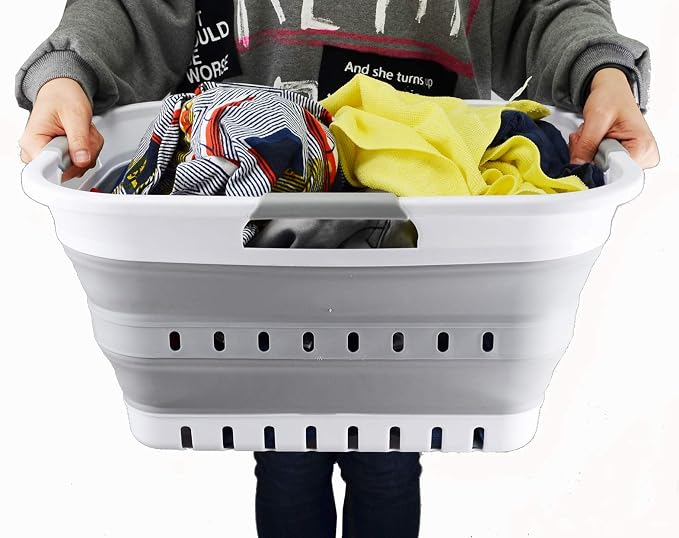 SAMMART Set of 2-30L (8 gallon) Collapsible Plastic Laundry Basket - Foldable Pop Up Storage Container/Organizer - Space Saving Hamper/Basket (2, White/Grey)