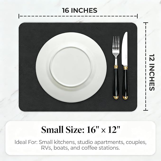 Dish Drying Mat Super Absorbent – 16" x 12" Coffee Mat for Countertops – Non-Slip Drying Mat for Kitchen Counter – Easy to Clean Water Absorbent Mat – Quick Dry Dish Drying Mats (Black)