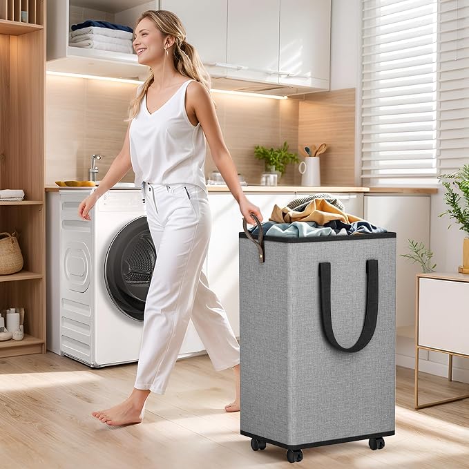 SpaceTrove Rolling Laundry Basket with Wheels, Laundry Hamper, 100L, Grey | Collapsible, 4 detachable wheels including 2 with brakes, sturdy handle, metal frame, for dorms, bathrooms and bedrooms