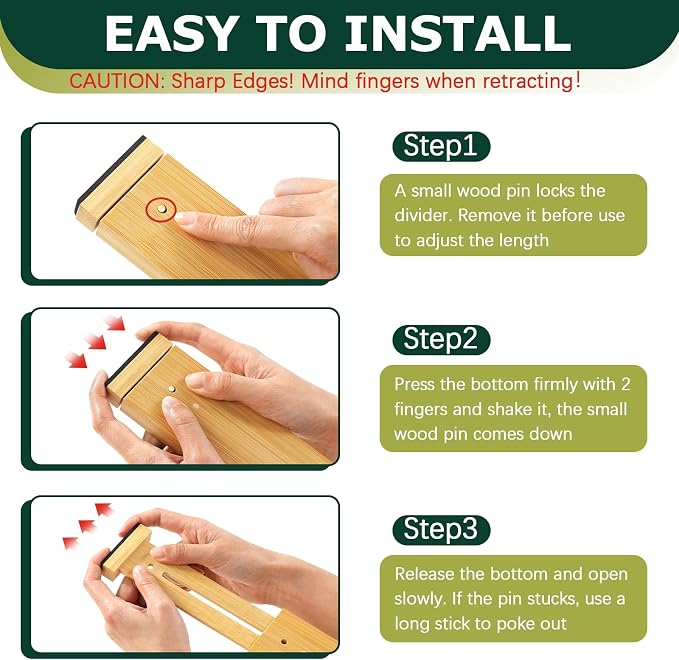 Lzerking Kitchen Drawer Dividers 6 Pack Bamboo Drawer Organizers | 17-22" Adjustable, Spring Loaded, Expandable Utensil Organizer, Works in Kitchen, Dresser, Closet, Bathroom, Bedroom