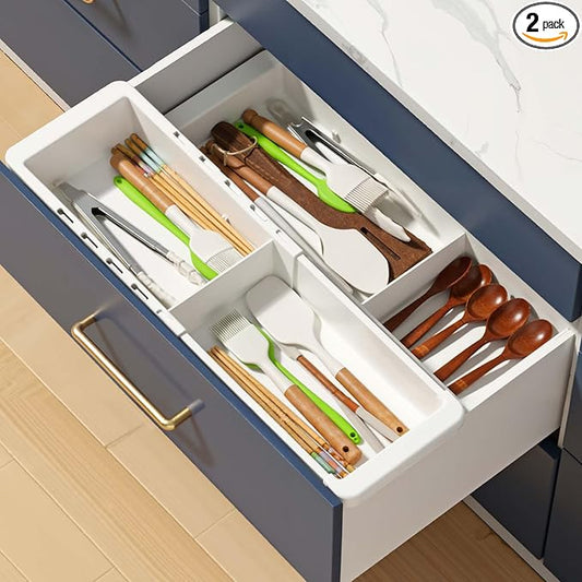 2Pcs Expandable Sliding Drawer Tray with Adjustable Dividers, White Plastic Deep Desk Drawer Dividers Organizers Expandable 11.4 to 18.1 Inches For Utensils Office Bathroom Bedroom Kitchen