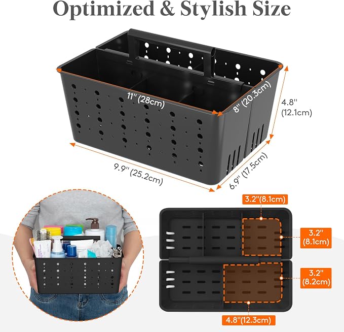 Lifewit Shower Caddy Portable, Caddy Organizer with Handle and Adjustable Dividers, Plastic Shower Basket for Dorm Room Essentials, College, Bathroom, Black, 1 Pack