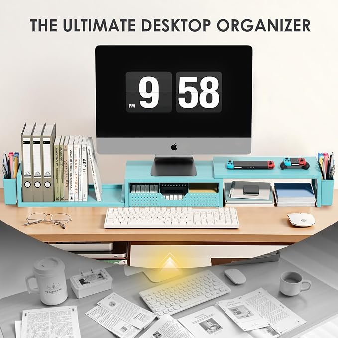OPNICE Desk Organizers and Accessories, Dual Monitor Stand Riser with Drawer and 2 Pen Holders, Desk Shelf Computer Monitor Stand for Office Workspace Organizers, Desktop Organization (Blue)