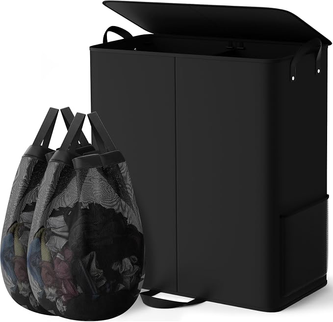 155L 2 Section Laundry Hamper with Lid, Laundry Basket, Black | Large Laundry Hampers with Reinforced Handles & Removable Bags, Tall Dirty Clothes Hamper for Laundry Room, Bedroom, Bathroom