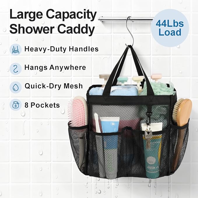 Mesh Shower Caddy Portable - 2 Packs, S-Hook, Shower Bag for Dorm Camping | 8 Pockets, 2-Handle, Quick-Dry, Toiletry Organizer, College Dorm Room Essentials for Girls, Gym, Travel & Bathroom, Black