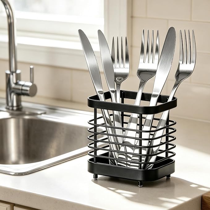 Utensil Holder, Stainless Steel Utensil Drying Rack for Kitchen Counter, Silverware Cutlery Flatware Holder Forks, Knives, Spoons, Chopsticks Organizer (Black)