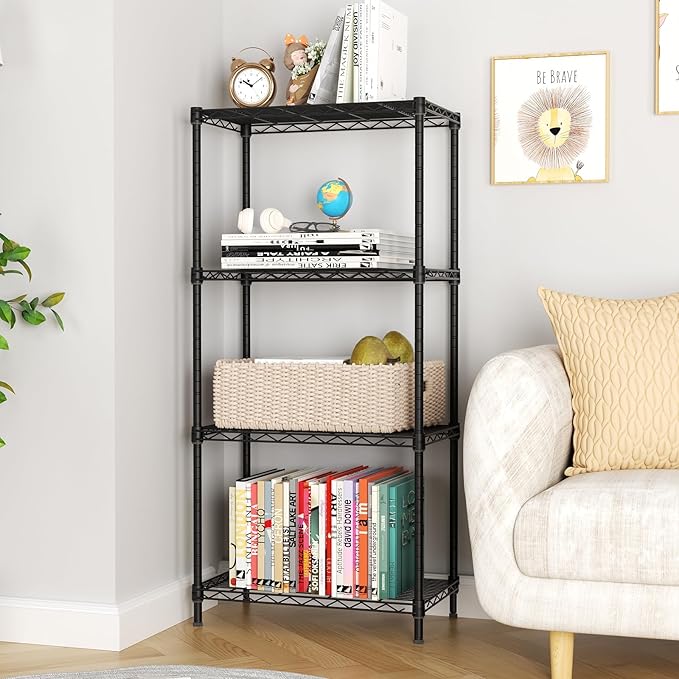 Golpart 4Tier Adjustable Storage Shelves Metal Wire Shelving Standing Shelf | Utility Heavy Duty Unit Rack Closet Organize for Home Kitchen Laundry Room Organization Pantry 12"Dx22"Wx43.5"H Black