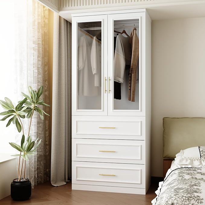 FUFU&GAGA Wardrobe Closet with Glass Doors, Modern White Bedroom Armoire with Gold Handles, Modern Clothes Storage Cabinet with 3 Drawers, Hanging Rod, 31.7”W x 19.3”D x 74.8”H