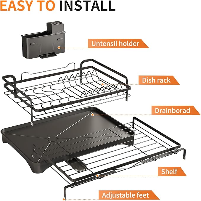 PureBox Extendable Dish Rack for Kitchen Sink - Heavy-Duty Adjustable Over Sink Drying Rack with Utensil Holder & Drain Tray, Space Saving Steel Frame Dish Rack (Black)