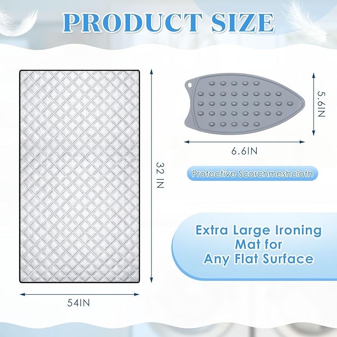 Tigeen Ironing Mat, Extra Large 54 x 32 Inch Ironing Blanket with Aluminum Foil Film & Insulating Cotton, Thick Heat Resistant Portable Pressing Pad for Tabletop, Countertop, Washer & Dryer