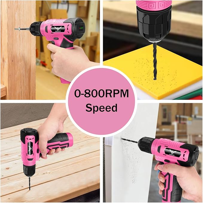 JENABOM 127-Piece Home Tool Set with 8V Pink Cordless Drill | With Portable Toolbox, Hand Tools for Home Repair, DIY Projects & Daily Use, Gift for Women & Men