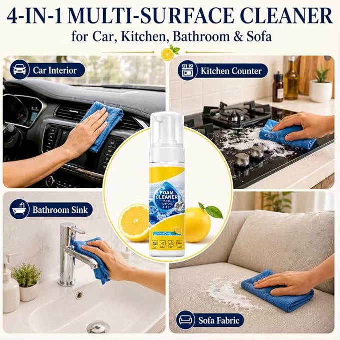 4-in-1 Multi-Enzyme Foam Cleaner, Multi Purpose Foam Cleaner, No Rinse Foam Cleaner for Car Interior, Kitchen Grease, Bathroom Tiles, Fabric Care and Multi Surfaces(2pcs)