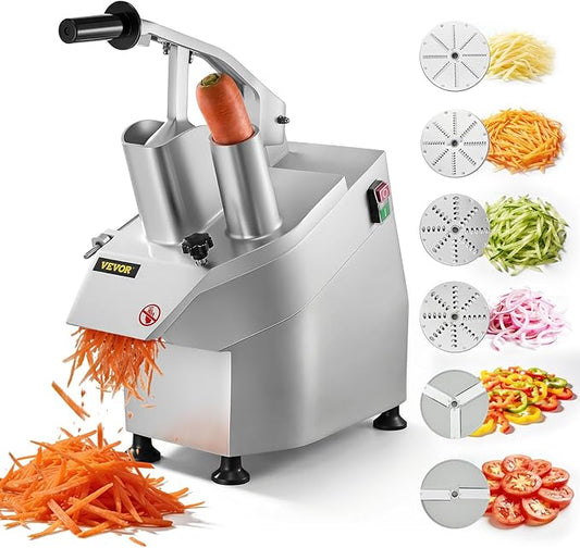 VEVOR Commercial Food Processor 2 Feeding Holes, 550W Electric Vegetable Slicer 1600 RPM, Stainless Steel Vegetable Processor Detachable 6-blades, 3mm/4mm/7mm Shred, 2mm/4mm Slice