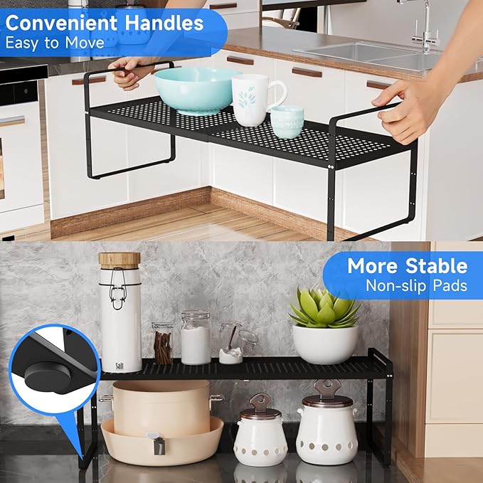 Expandable Cabinet Shelf Organizers, Kitchen Small Stand Rack Organization for Countertop Cupborad Pantry Desktop Spice Rack, Black 2 Pack