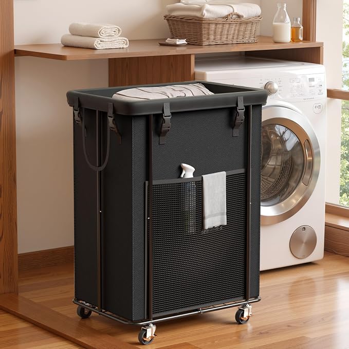 Laundry Hamper with Wheels, 200L Rolling Laundry Basket with Bag & Handles | Sturdy Metal Frame | Removable Bag | Large & Tall Dirty Clothes Hampers for Laundry Room, Bedroom, Dorm, Bathroom-Black