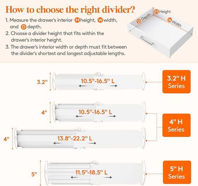 Lifewit 6 Pack 5" High Drawer Dividers for Clothes, 11.5"-18.5" Expandable Dresser Drawer Organizers, Adjustable White Plastic Separators for Kitchen, Cabinet, Nursery, Socks & Underwear Storage