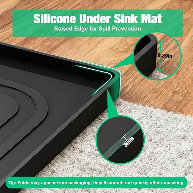 Aisslro Under Sink Mat 22" X 19", Waterproof Silicone Cabinet Organizer Protector with Raised Edge, Kitchen & Bathroom Leak Tray, Shelf Liner & Pet Feeding Mat for Dog Cat Food Mats, Black