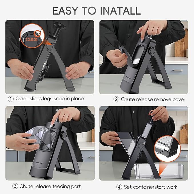 Vegetable Slicer with Adjustable Thickness, Easy to Clean Potato Mandoline Slicer with Container, Rapid Prep French Fry Veggie Cutter/Onion Slicer, Free Grater/Cleaning Brush (Black)