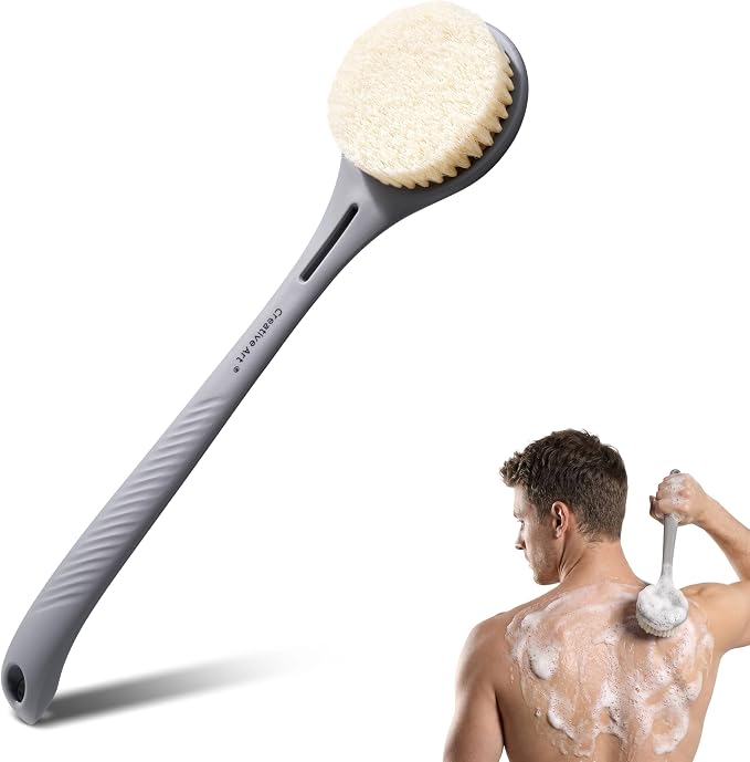 Back Scrubber for Shower for Men Women, Body Brush with Long Handle, Exfoliating Bath Washer with Soft Bristles, Body Exfoliator for Wet or Dry Brushing, Back Scrub Deep Cleaning, Gray