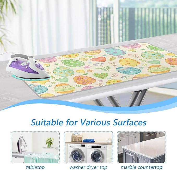 Ironing Mat Portable Ironing Pad Blanket with Silicone Iron Rest for Table Top Travel Heat Resistant Double-Side Using Large 47x28 Inch Foldable Spring Yellow Easter Eggs