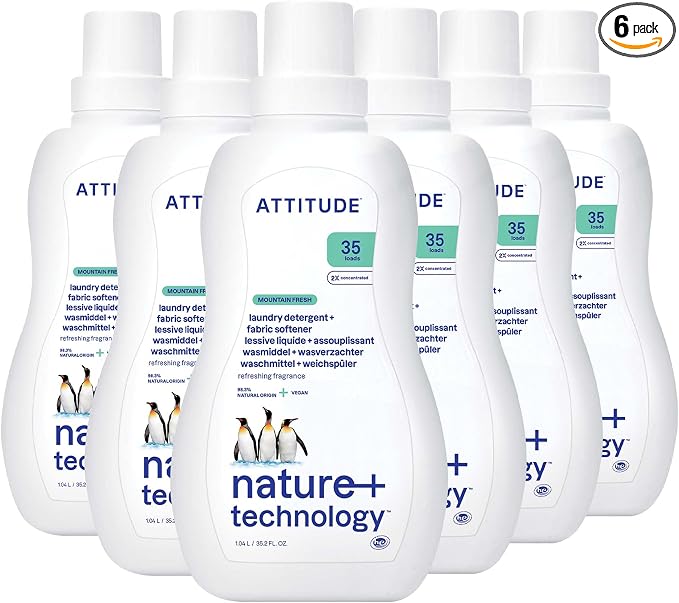 ATTITUDE 2-in-1 Laundry Detergent & Fabric Softener, Plant- & Mineral-Based, HE Compatible, Vegan, Mountain Essentials, 35 Loads, 35.5 Fl Oz (Pack of 6)