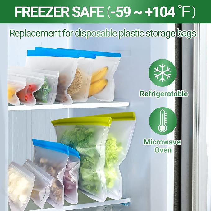 Reusable Freezer Bags Dishwasher Safe - 10 Pack Reusable Bags BPA Free Leakproof, Food Storage Bags for Marinating, Travel, Meal Prep (3 Gallon + 4 Sandwich + 3 Snack Sizes)