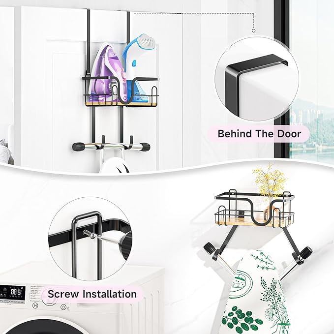 Ironing Board Holder Wall Mount, Ironing Board Hanger, Over The Door Iron Boards Holder for Laundry Room Organization, Iron and Ironing Boards Caddy, Black Irons Hanger with Storage Basket(T&V Shaped)
