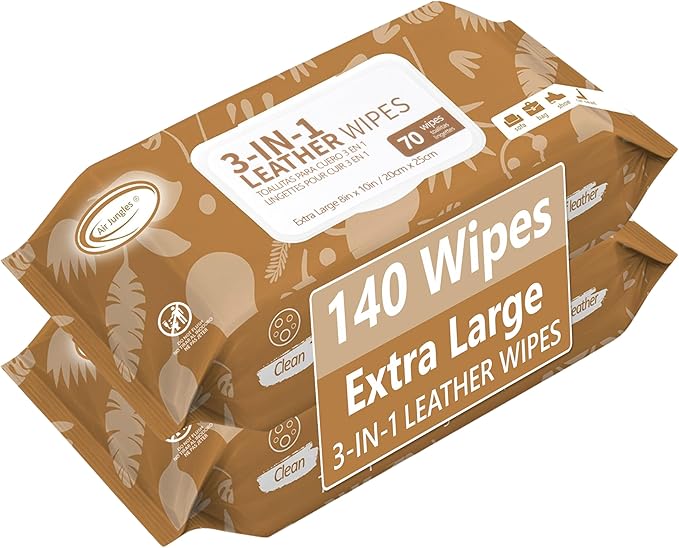 Air Jungles 3in1 Leather Cleaner Wipes 140 Count, Extra Large 8" x 10" Size | Clean Condition Protect Wipes for Vinyl and Leather Apparel Furniture Auto Car Interior Shoes Boots Bags