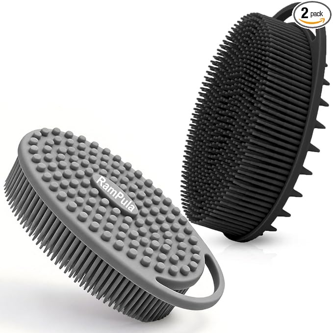 RamPula Silicone Body Scrubber, Silicone Loofah, Bath Cleaning Scrubber, Shower Sponge Glove, Exfoliating Body Brush for Wet or Dry Brushing, More Hygienic Than Traditional Loofah (Black and Grey)