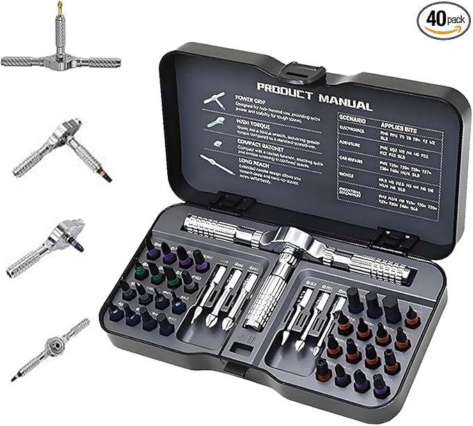 40 in 1 Magnetic Ratchet Screwdriver Set, DIY Ratchet Screwdriver Set | T Detachable Ratchet Handle, Portable S2 Tools for Furniture Assembly, Precision Electrical Appliance Repair, Bicycle Tools