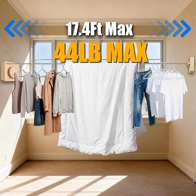 Retractable Clothesline Indoor Outdoor 17.4Ft Non-Sag (1, Light Wood Grain) | Stainless Steel Heavy Duty Design Laundry Wash Line with Wall Mounted, Space-Saving Drying Rack for Bathroom, Balcony