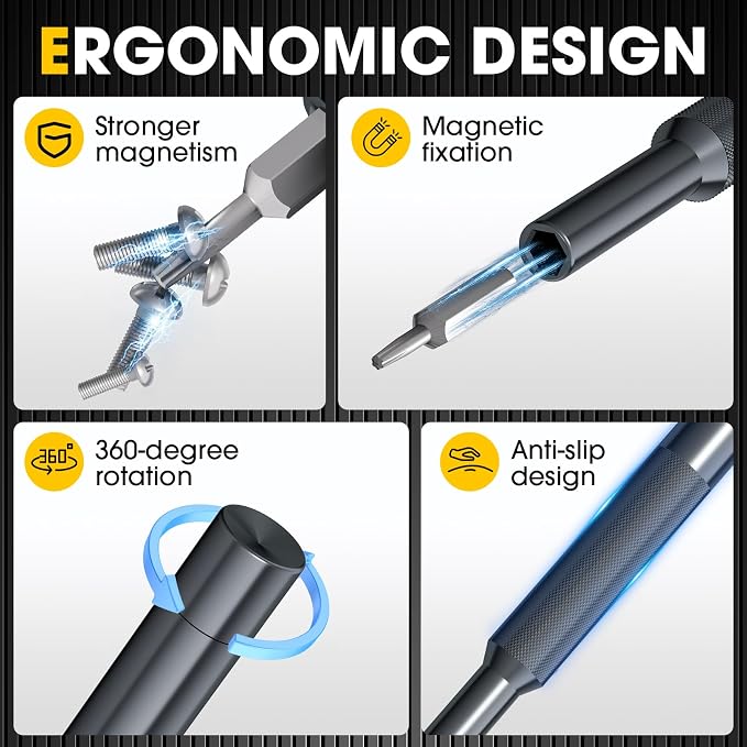 52-in-1 Precision Screwdriver Set, Magnetic Repair Kit for iPhone | Upgraded 47-piece S2 steel bit set. Includes mat, handle, tweezers, pry bar & ring. Perfect for PC, phone & watch repairs.