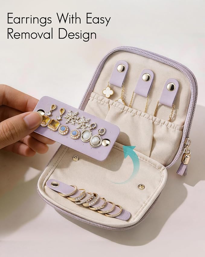 VLANDO 2-Layer Jewelry Organizer for Travel,Rings,Earrings,Necklaces | Compact Faux Leather Case with Layered Storage,Designed for Small Jewelry,Vanity Tables,Everyday Carry,Light Purple