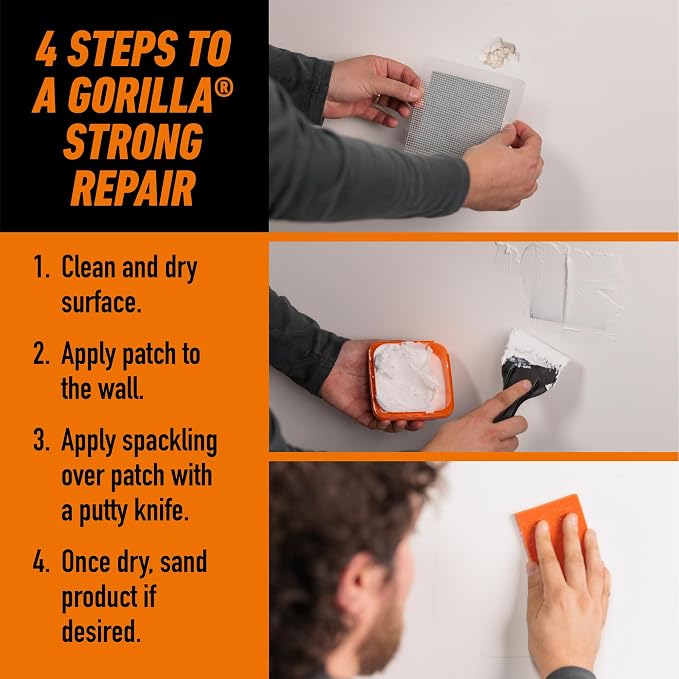 GORILLA Wall Repair Kit, Heavy Duty Spackling, 8 fl oz Tub, 4 in Patch | Includes 3 in Putty Knife, Sanding Block, Lightweight Drywall Filler, Strong Repairs for Walls and Ceilings