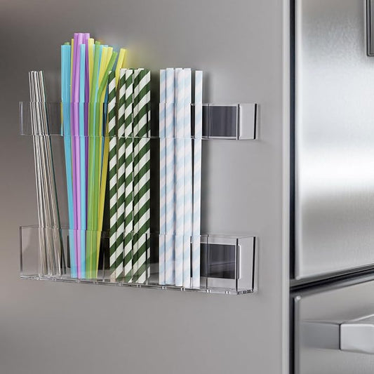 Magnetic Acrylic Straw Holder for Fridge - 5 Slot Sturdy Kitchen Organizer, Adhesive-Free Refrigerator Storage for Metal, Glass, Silicone Straws & Utensils (Separate unit Clear-Magnetic Type-5C)
