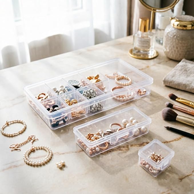 112 Pieces Mixed Sizes Rectangular Empty Mini Clear Plastic Organizer Box | Hinged Lids, For Small Items, Craft Projects, Bead Organizers
