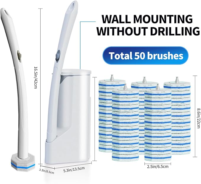 Hohoky Disposable Toilet Brush Cleaning System, Two Sets of Wands and 60p Refills Pads Replacement Heads, Wall Mounted Toliet Stick Wand Starter Kit Bathroom Maintenance, Toilet Bowl Cleaner Holder