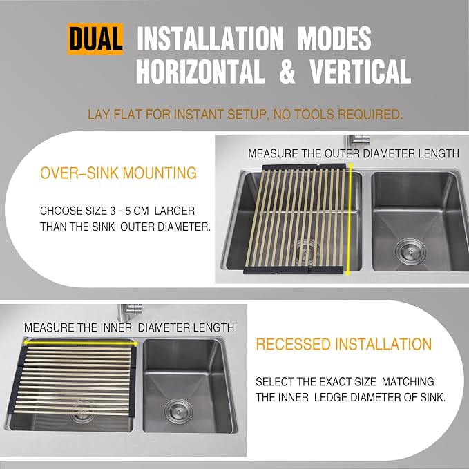 Foldable Over Sink Dish Drying Rack, 304 Stainless Steel Kitchen Drain Rack for Tableware, Detachable Silicone Edge, Rectangular Tubing (Brushed Gold, 4 Fold 17.72" x 15.36")