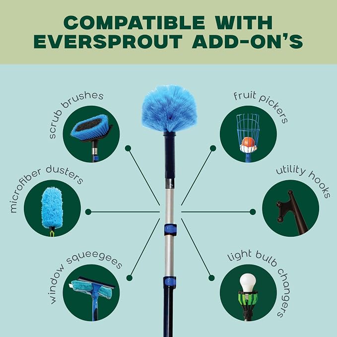 EVERSPROUT 5-to-12 Foot Cobweb Duster & Pole Combo, Extendable to 20 Ft | For High Ceilings and Spider Webs, Vents, Wall Edges, Baseboards and More, Soft Bristles, Adjustable Pole